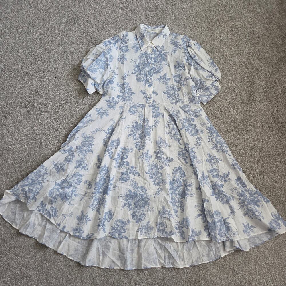 NWOT Romantic Blue Floral Linen-Cotton Midi Shirt Dress - Breezy & Chic - Picture 5 of 6